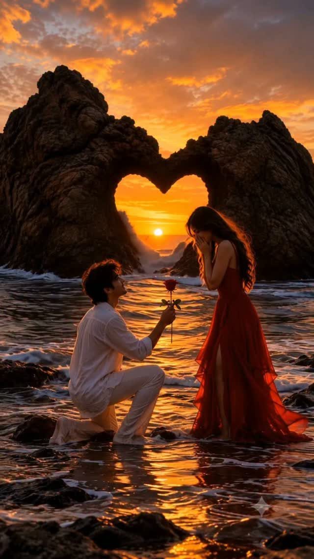 Man kneeling and proposing with a rose to a woman on a beach sunset
