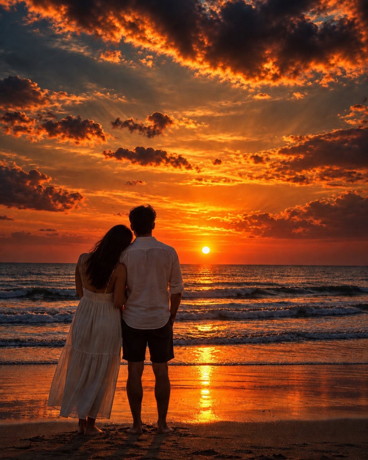 Couple standing on a beach looking out at the ocean during a sunset.