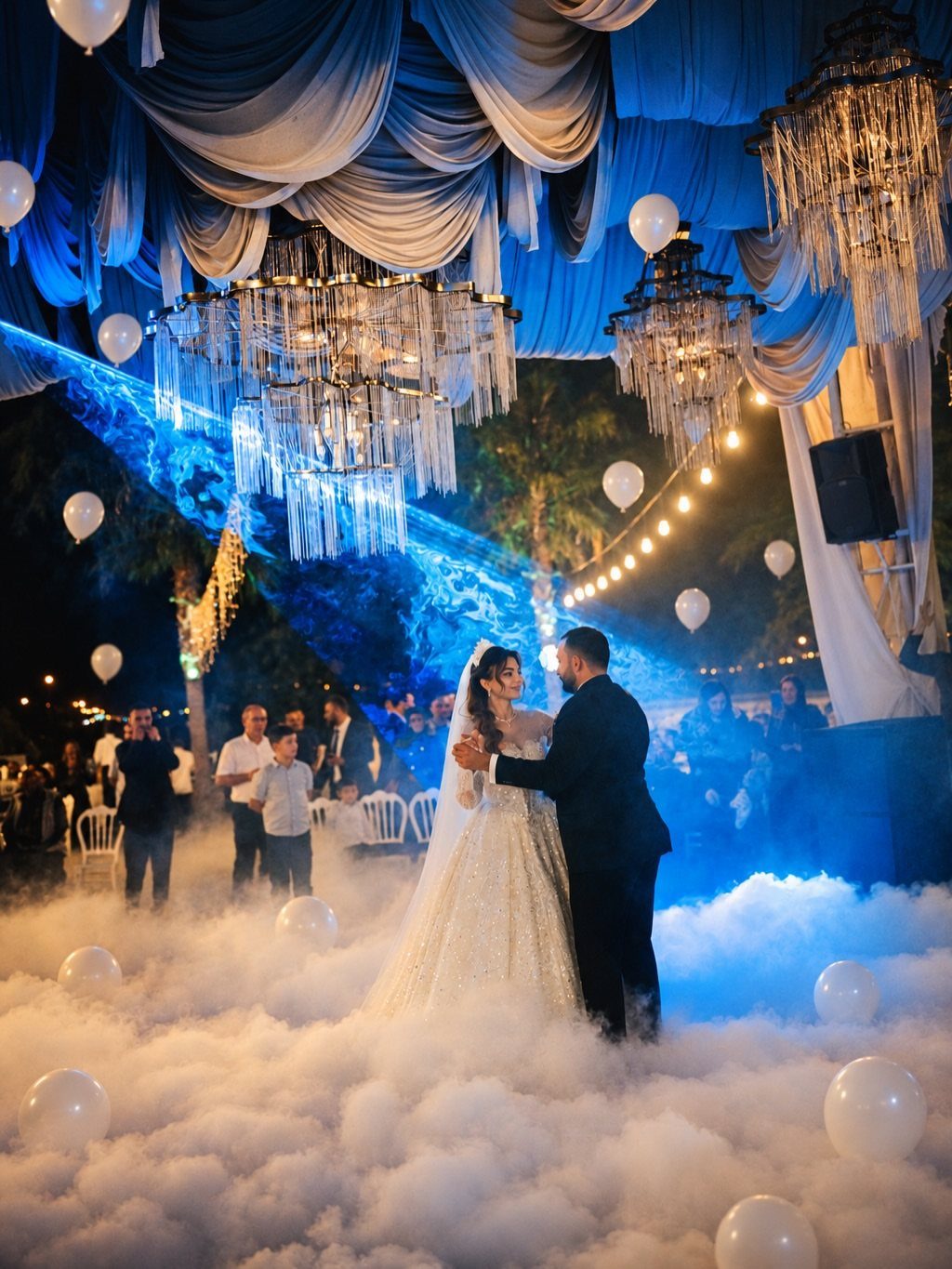 Bride and groom dancing on a fog-covered floor under crystal chandeliers and blue lights.