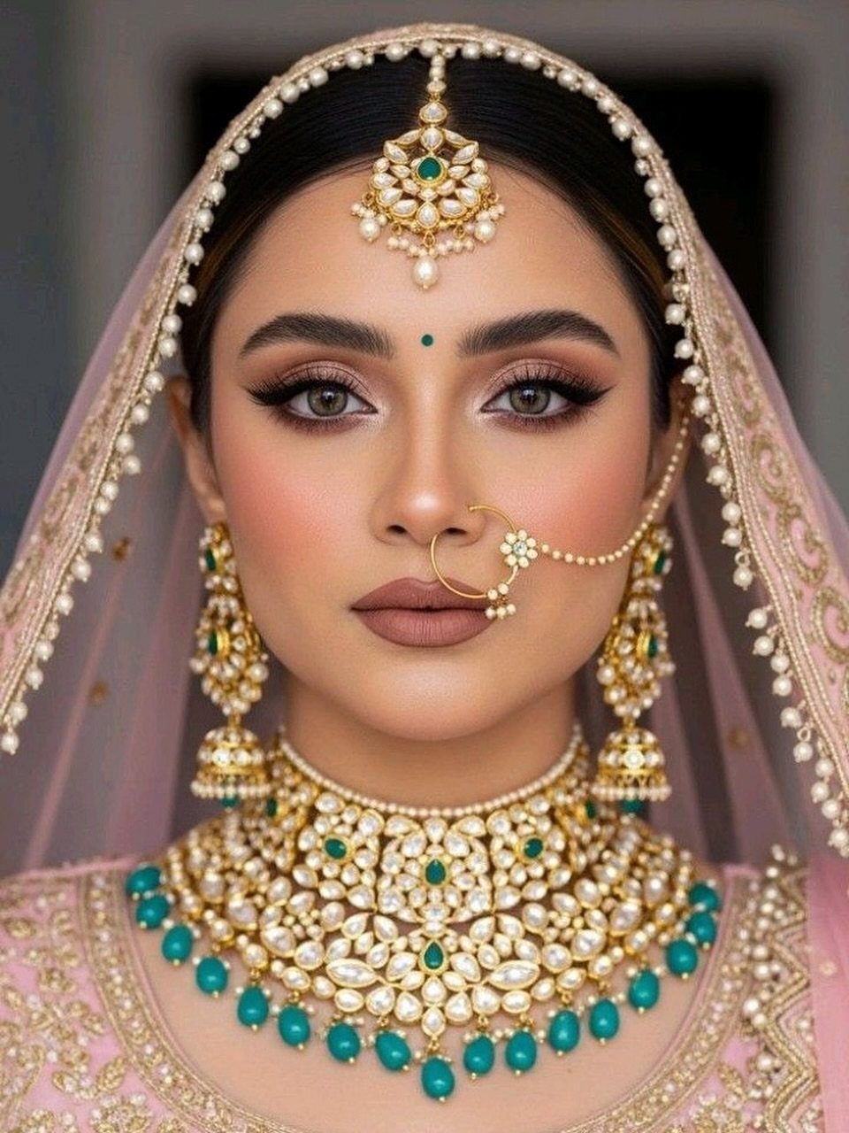 Bride in traditional Indian wedding attire with ornate gold and turquoise jewelry.