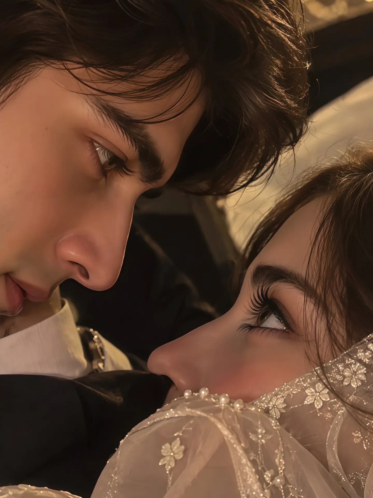 Bride and groom facing each other in an intimate close-up portrait with a veil.