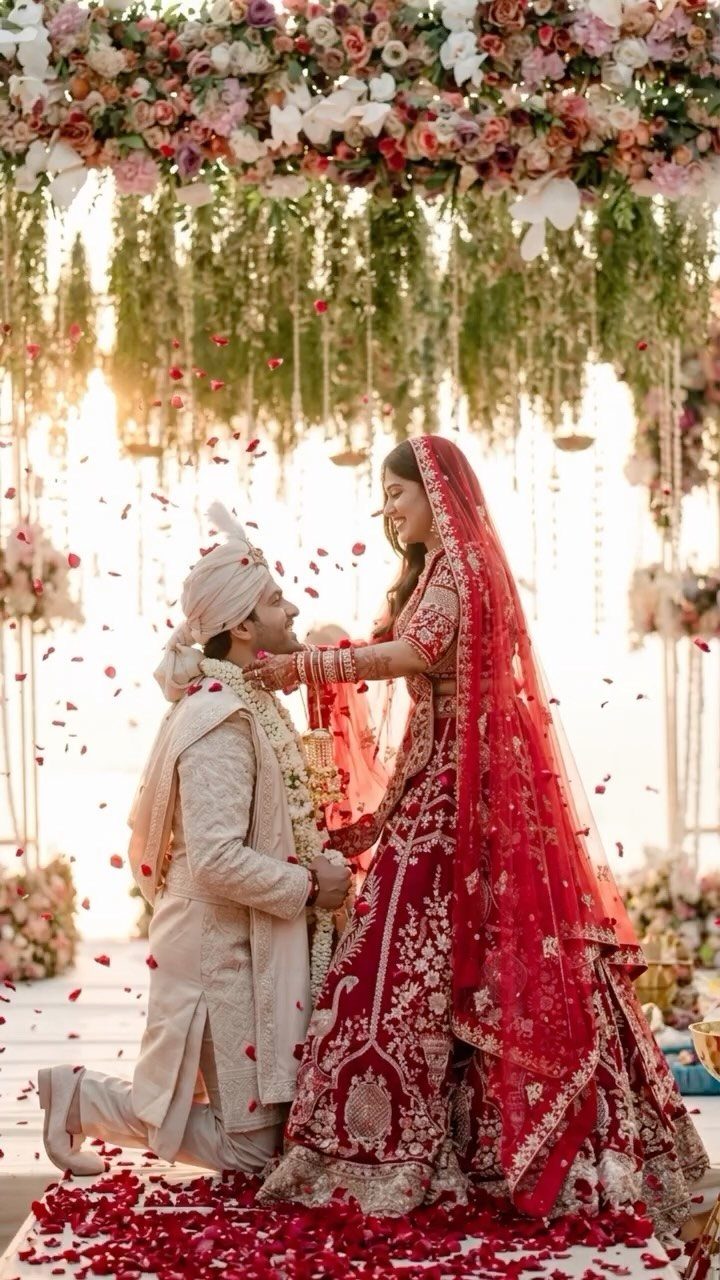Groom kneeling before a bride in traditional Indian wedding attire under floral canopy