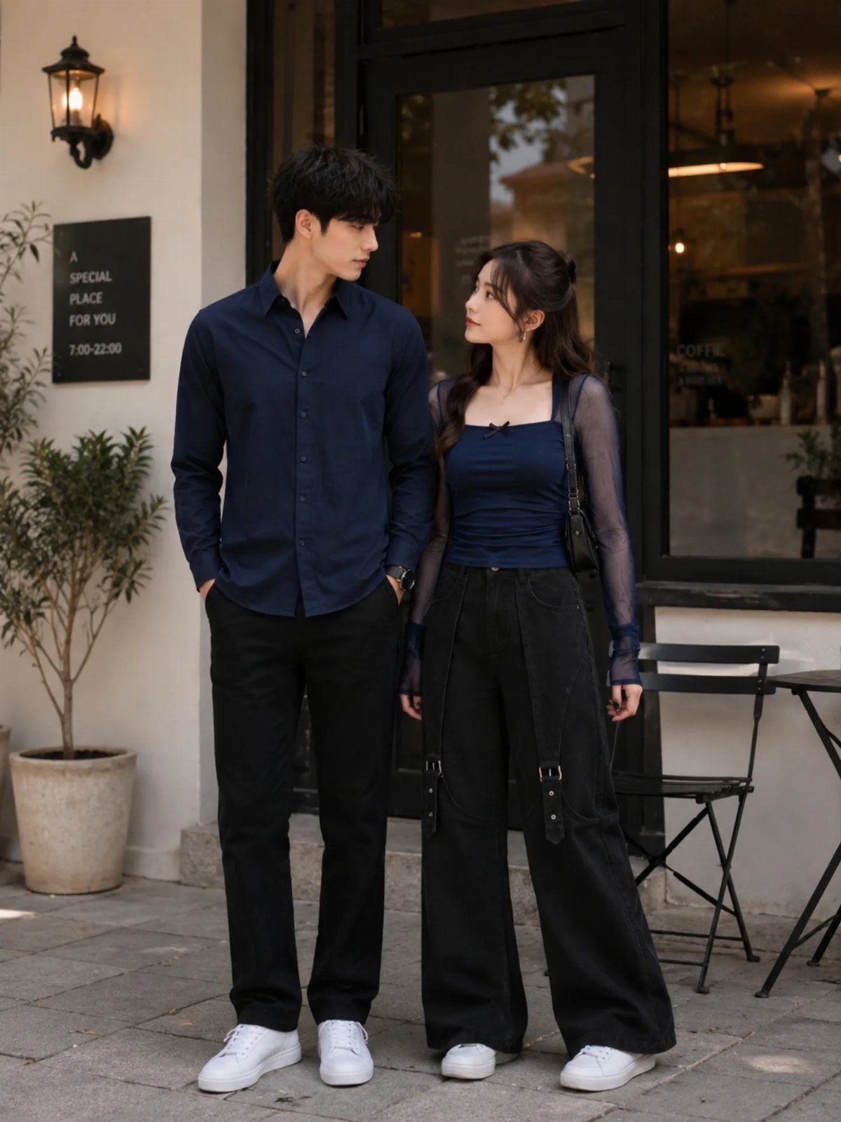 Young couple posing in matching navy blue and black outfits outside a cafe.