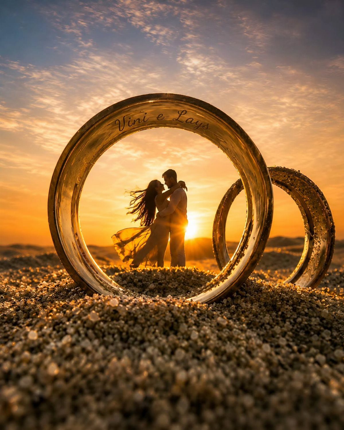 Couple kissing at sunset viewed through the center of two gold wedding rings.