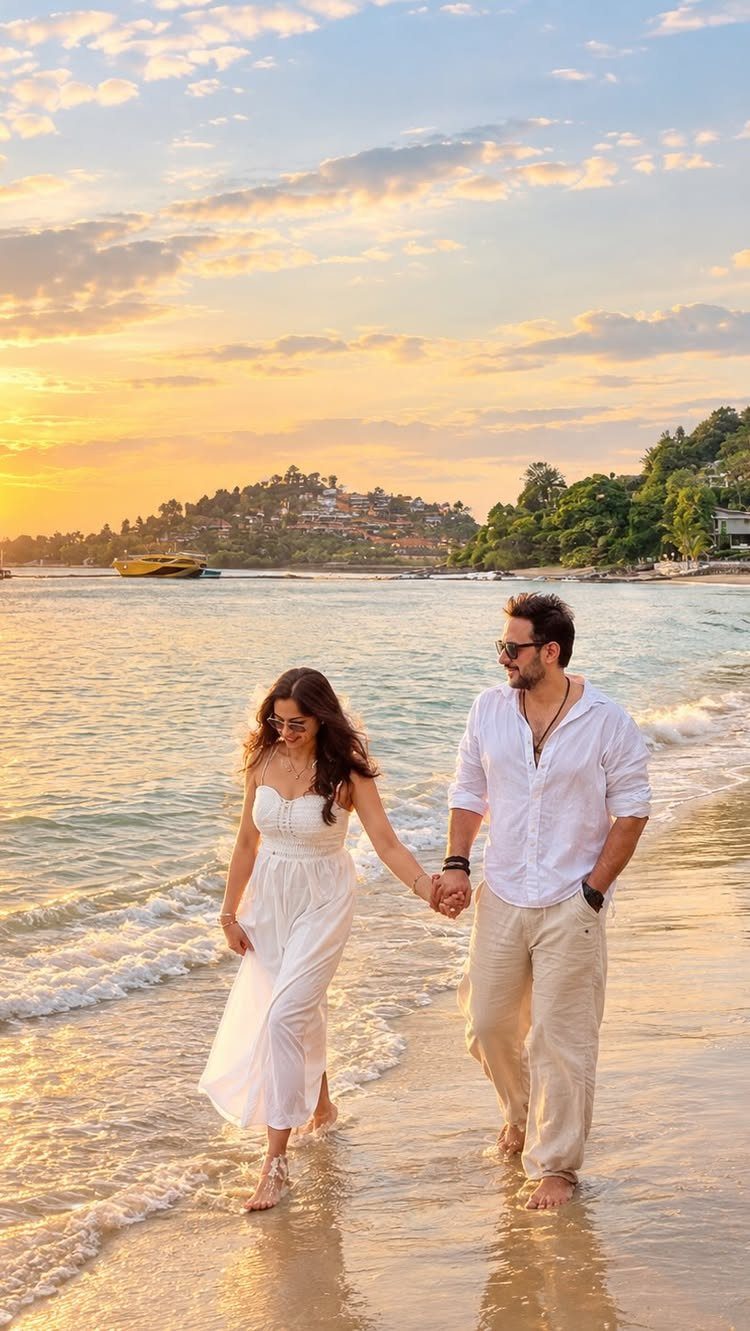 Couple in white clothing walking hand-in-hand on a beach during a golden sunset.