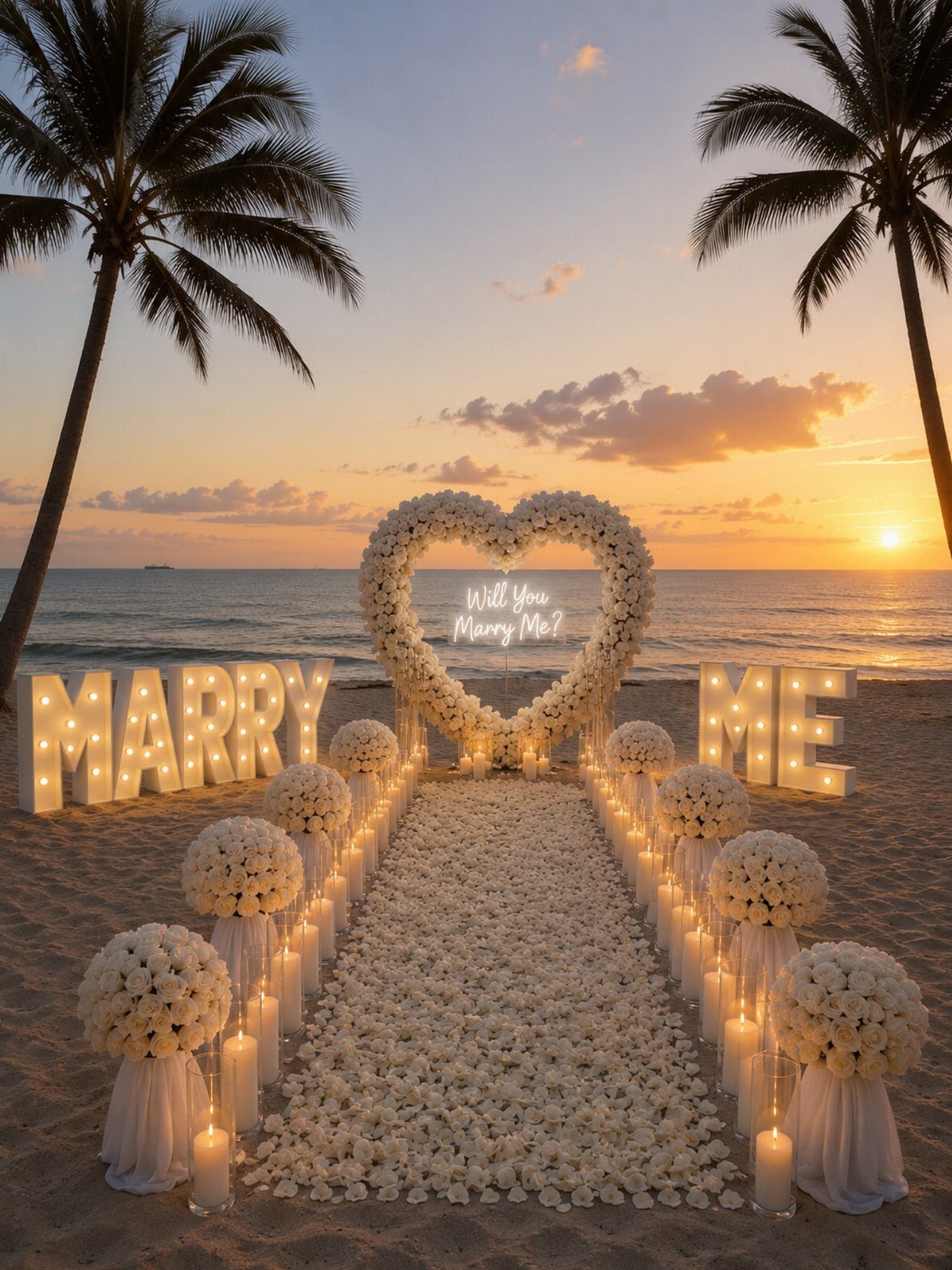 Romantic beach proposal setup with heart floral arch and illuminated Marry Me letters.