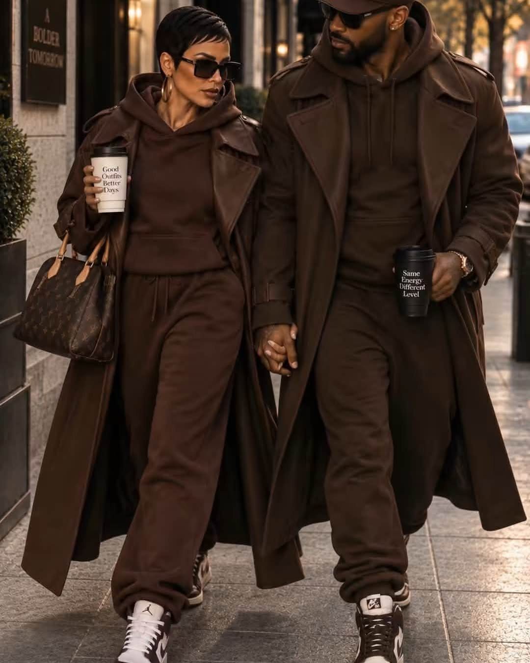 Couple in matching brown monochromatic streetwear walking hand-in-hand on a city street.