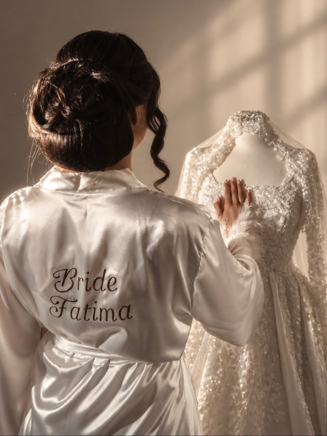 Bride in a white satin robe looking at her lace wedding dress