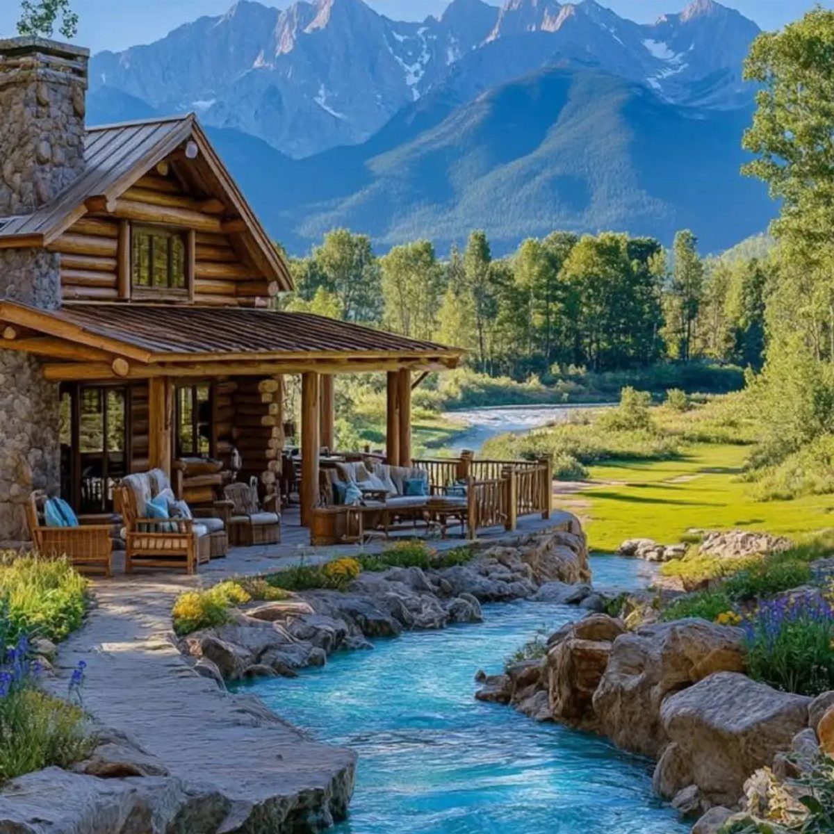Rustic log cabin by a blue stream with jagged mountains in the background
