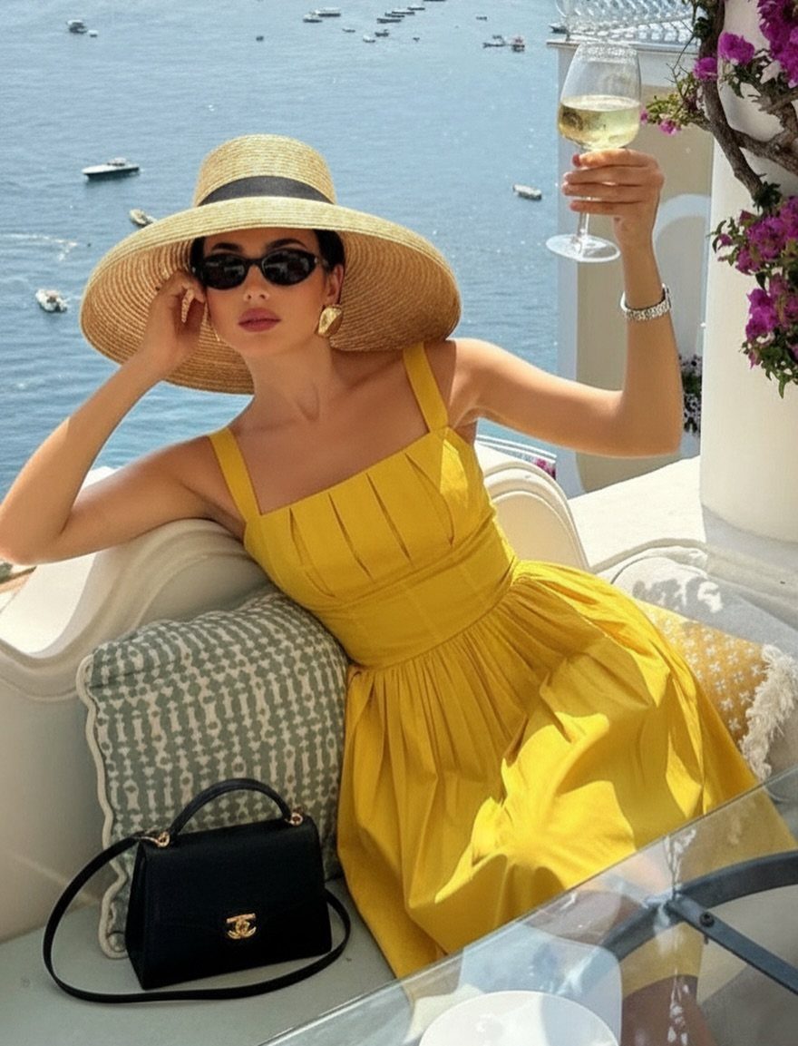 Woman in yellow dress and straw hat holding wine overlooking the ocean
