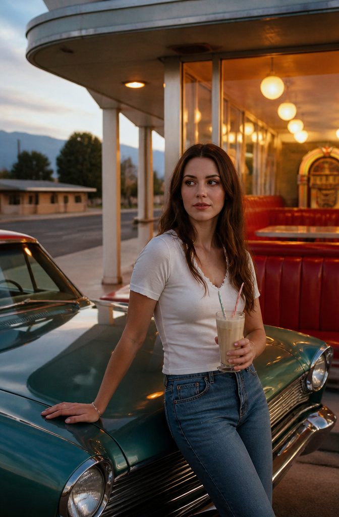 Lana Del Rey beside a vintage car at a roadside diner.