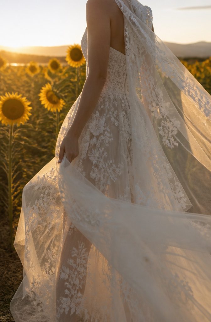 Lana Del Rey in a wedding gown, illuminated by soft morning light.