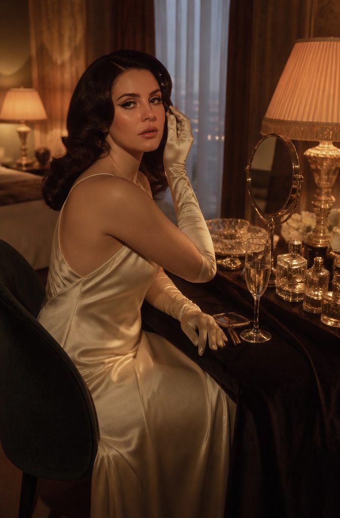 Lana Del Rey in a satin slip dress with vintage styling and lighting.