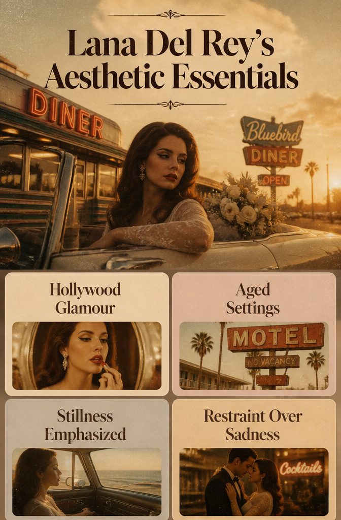 Aesthetic essentials of Lana Del Rey highlighted in a collage.