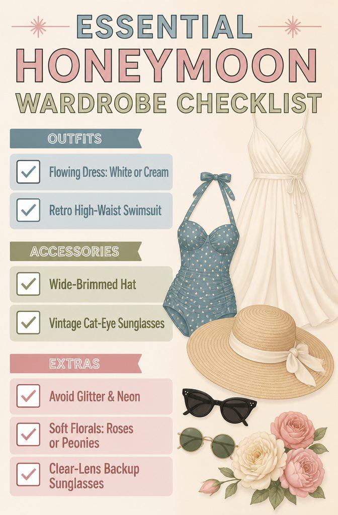 Wardrobe checklist for honeymoon featuring dresses and accessories.