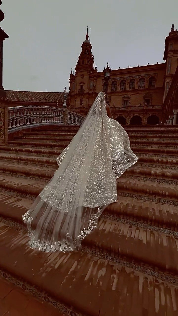 Bride from behind wearing a long lace veil on grand stone steps.