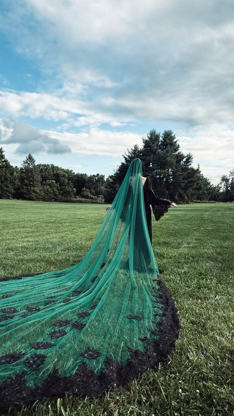 Person in a dark dress with a long emerald green lace veil in a field
