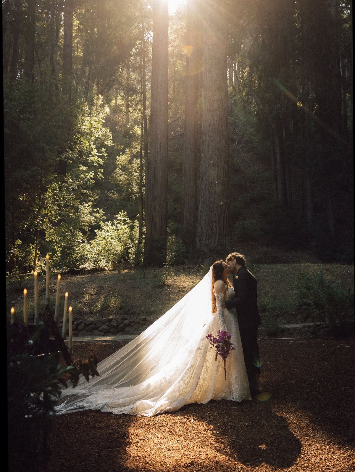 Bride and groom kissing in a sunlit forest clearing surrounded by tall redwood trees.