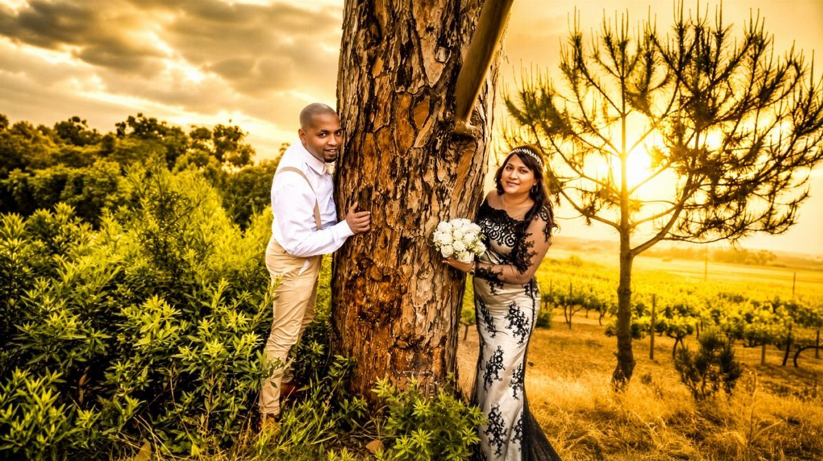 Wedding couple posing by a tree during a golden hour sunset in a field