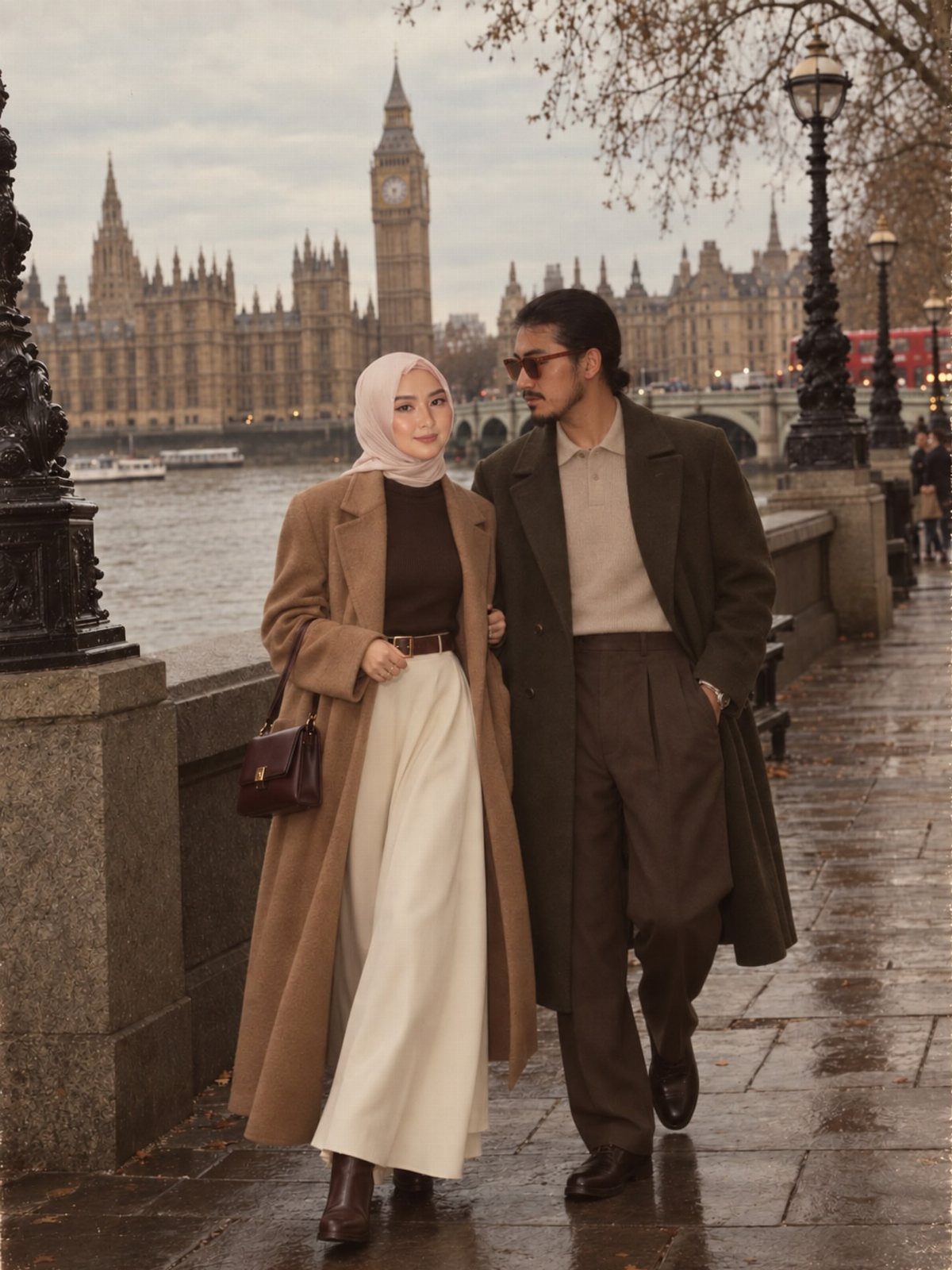 Couple in layered autumn coats walking by the Thames with Big Ben behind them.