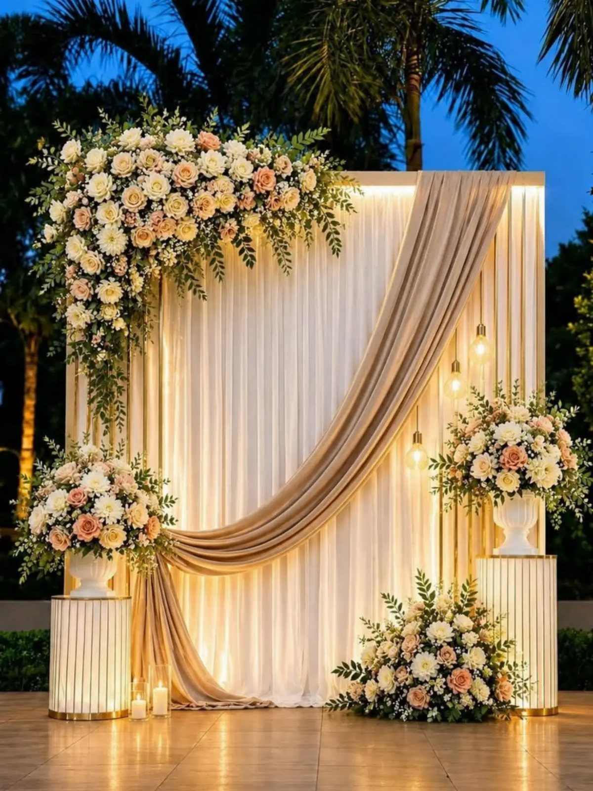 Elegant wedding backdrop with draped cream fabric, peach roses, and warm hanging lights.