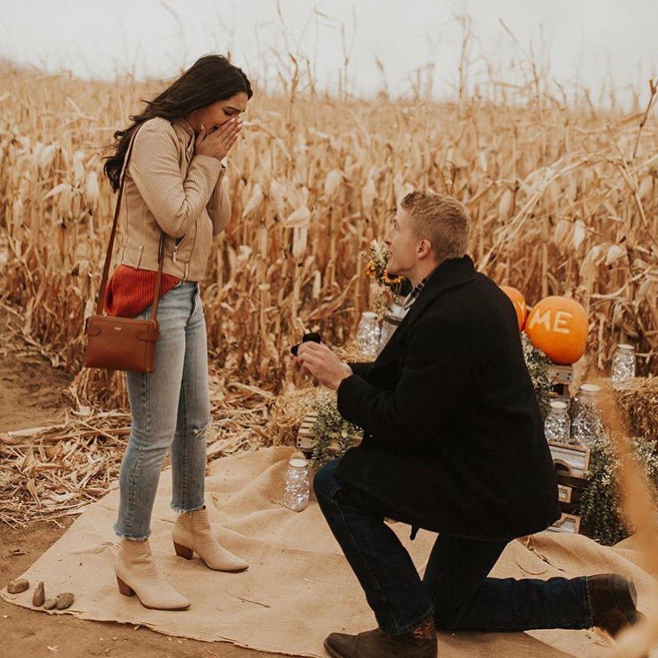 Man proposing to a woman in a cornfield with a pumpkin nearby.