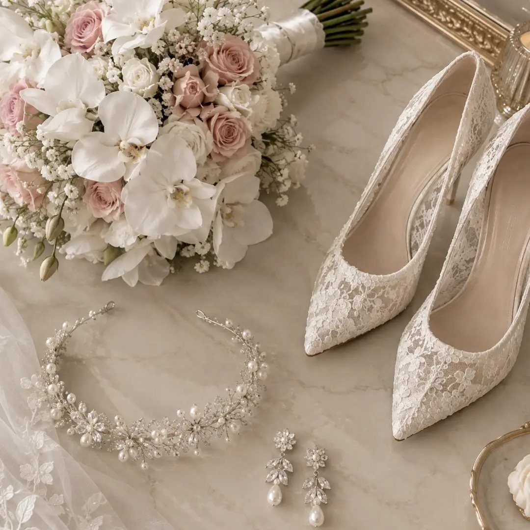 Bridal bouquet, lace shoes, crystal tiara, and earrings on a marble surface.