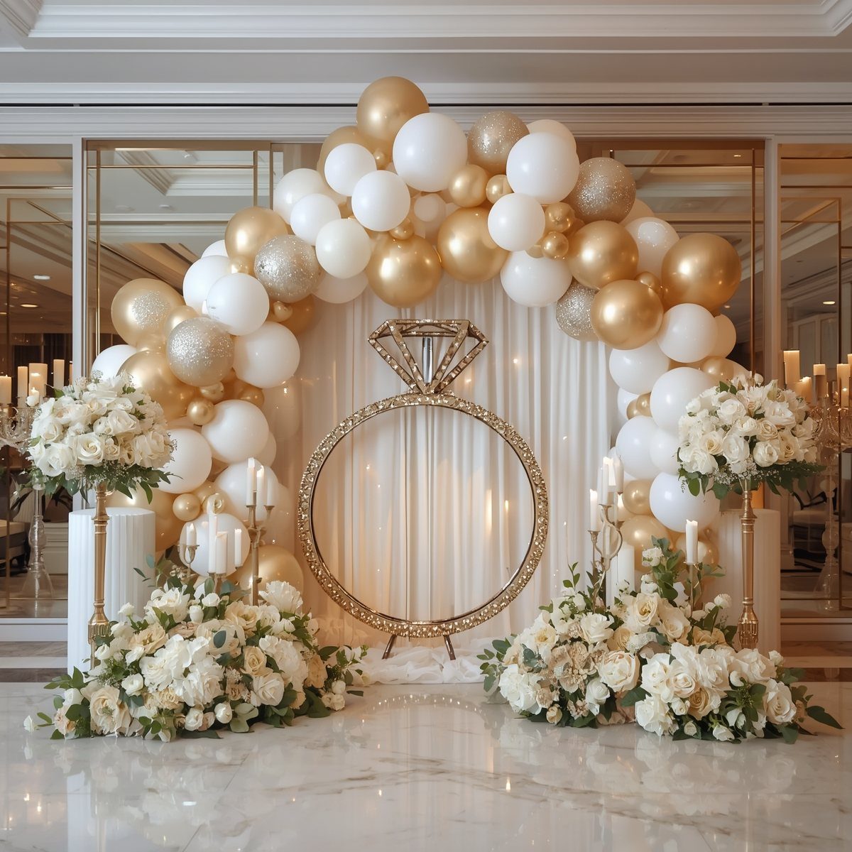 Gold and white balloon arch surrounding a giant diamond ring wedding backdrop.