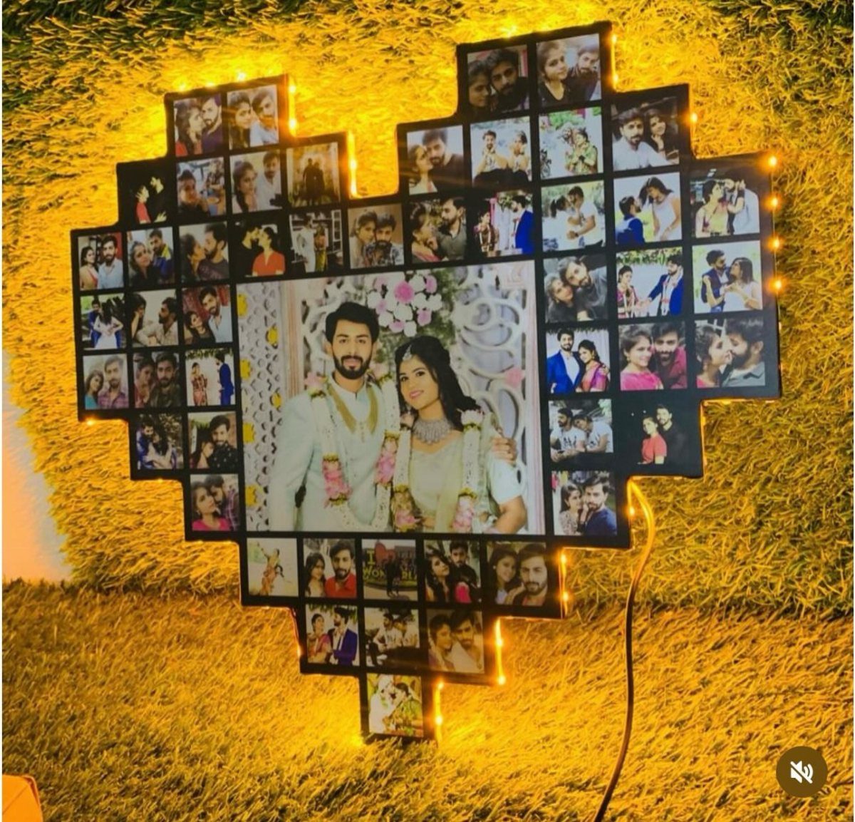 Heart-shaped photo collage with a central wedding couple and surrounding small portraits.