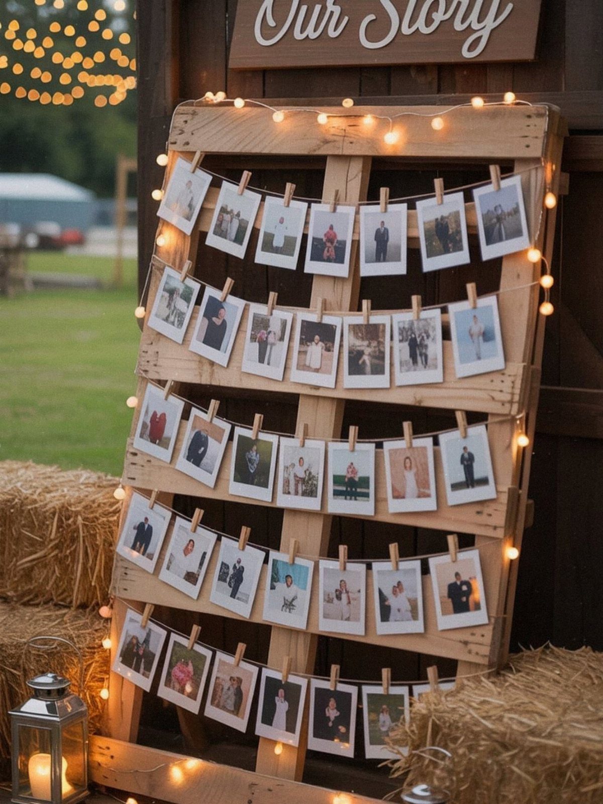 Wooden pallet photo display with clipped pictures and warm string lights outdoors.