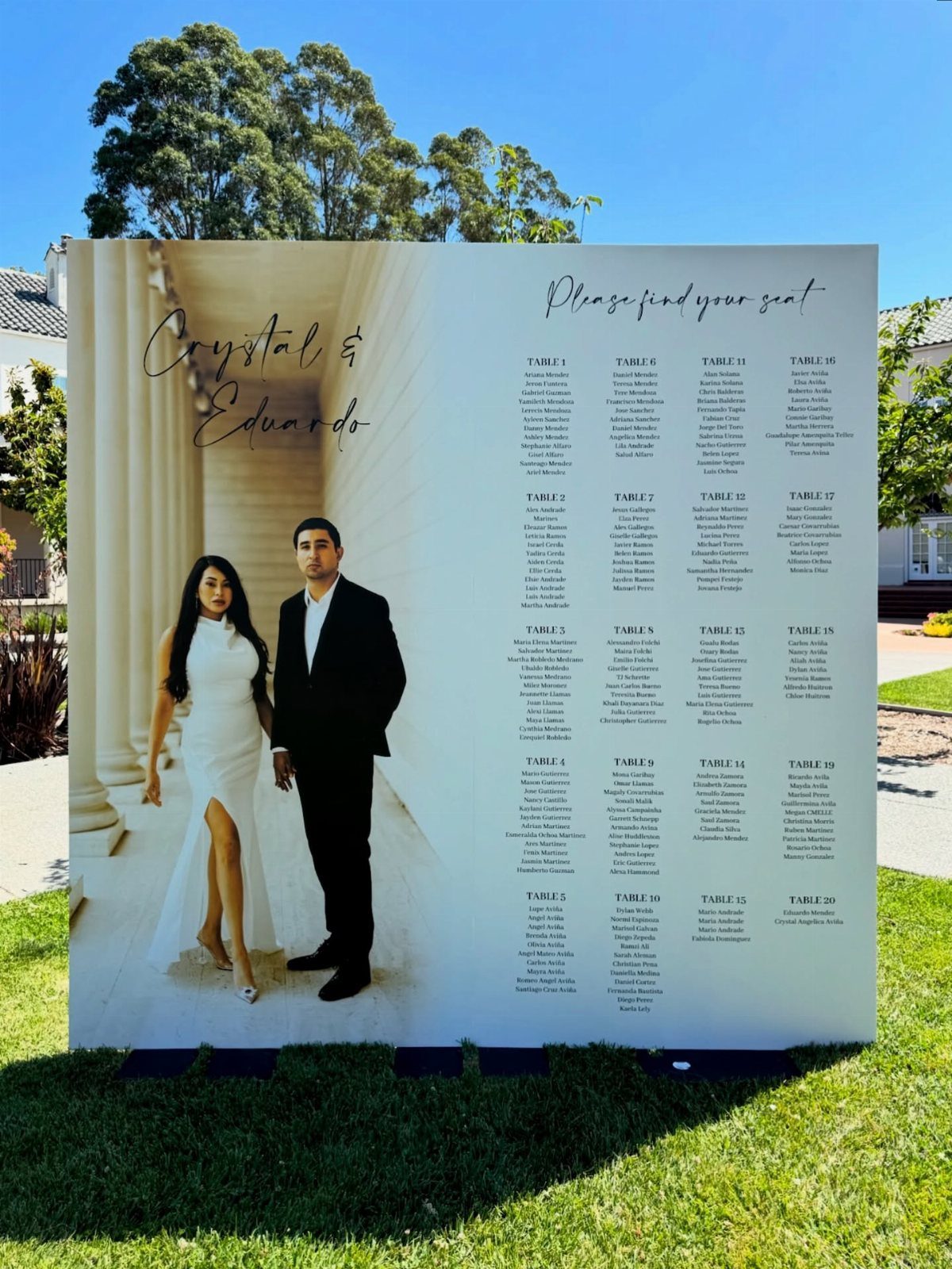 Wedding seating chart board with a couple's photo and guest table assignments outdoors.