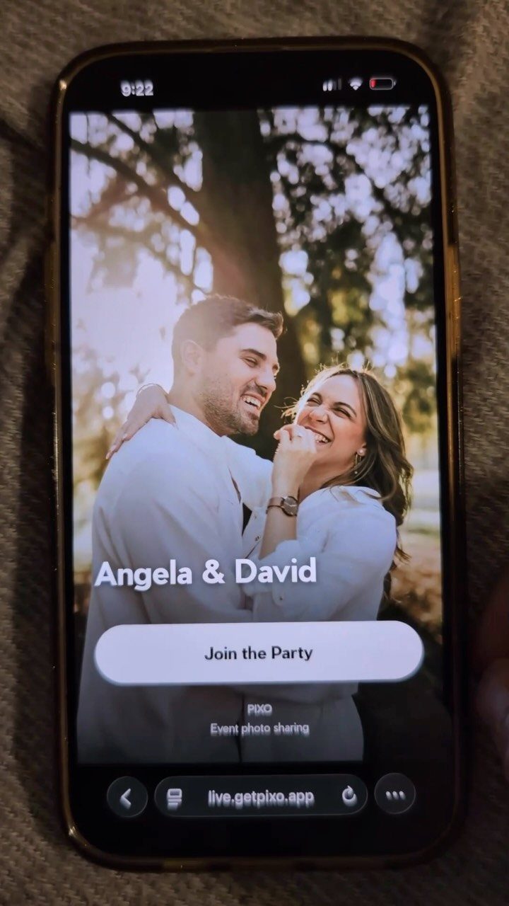 Smartphone screen showing a wedding event photo sharing app for Angela and David.