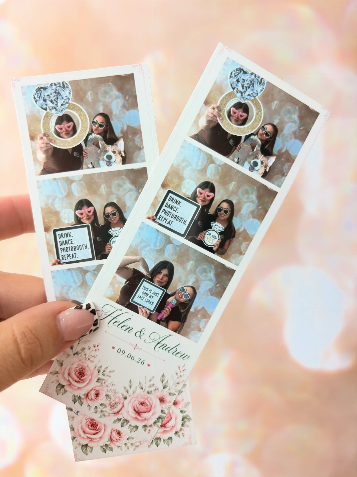 Two wedding photo booth strips featuring women posing with props and floral designs.