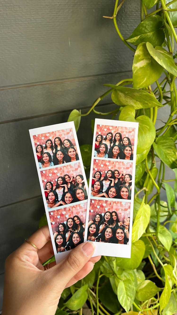 Two photo booth strips showing a group of women against pink glittery backgrounds.