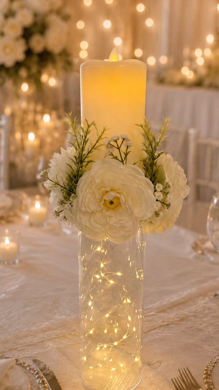 Pillar candle and white peonies in a glass cylinder with fairy lights.