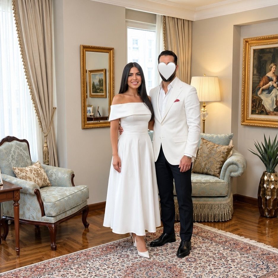 Couple posing in a room, woman wearing an off-the-shoulder white midi dress.