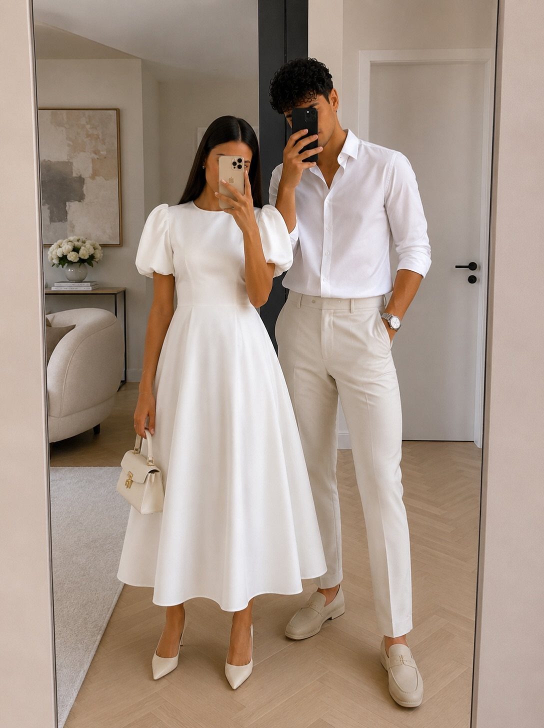 Couple in white attire taking a mirror selfie in a modern living room
