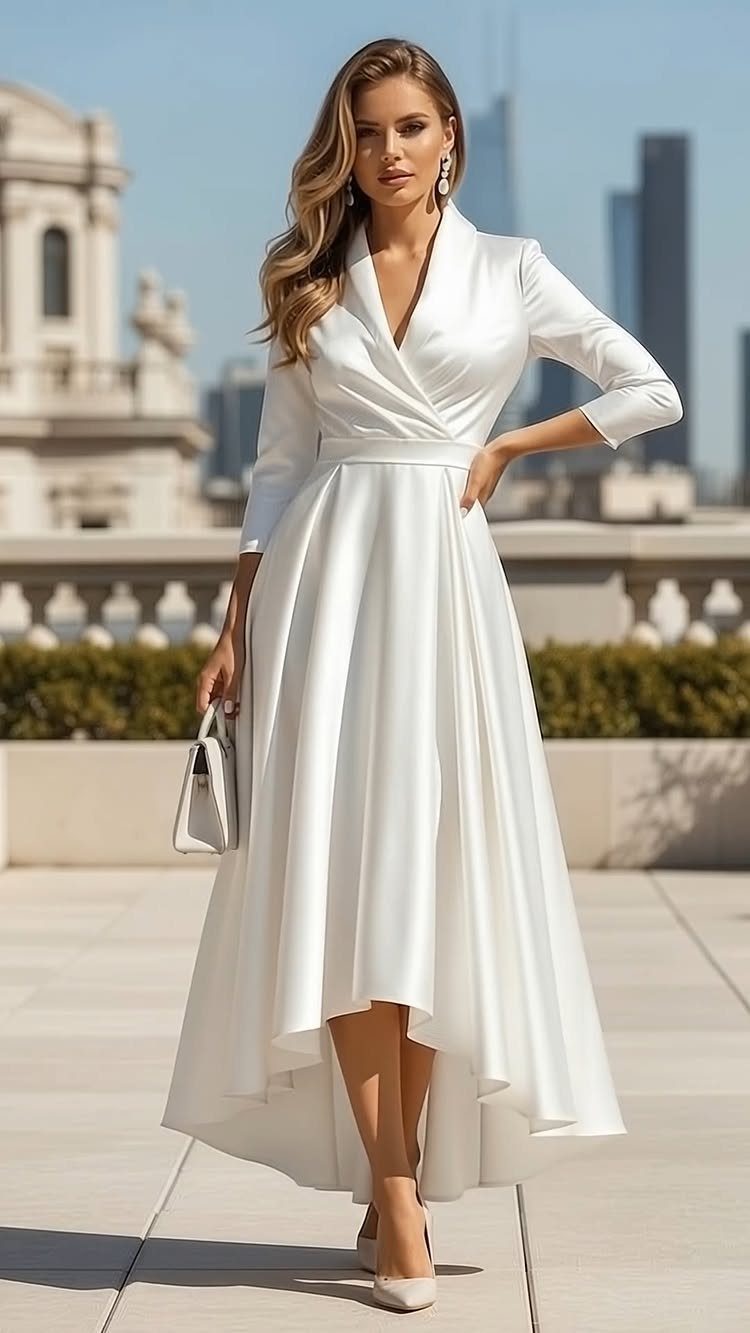 Woman in a white satin high-low dress posing on a city terrace.